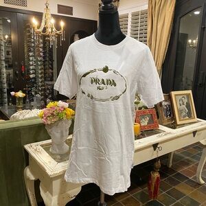 Prada White Tee with Olive Embroidery
